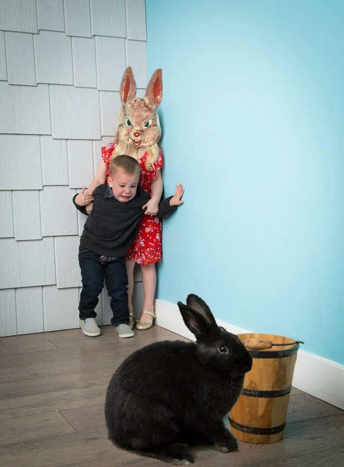 Kids Scared of Rabbit — Edited photo of the children with a creepy bunny mask over the girl's face and an oversized black rabbit in the foreground.