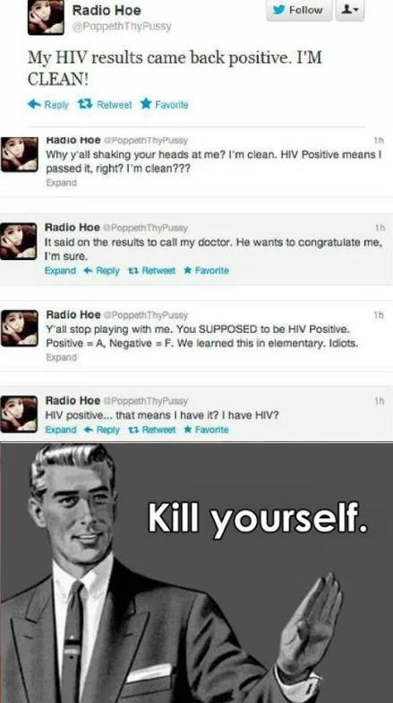 Twitter screenshot of user misunderstanding HIV test result paired with Kill Yourself macro