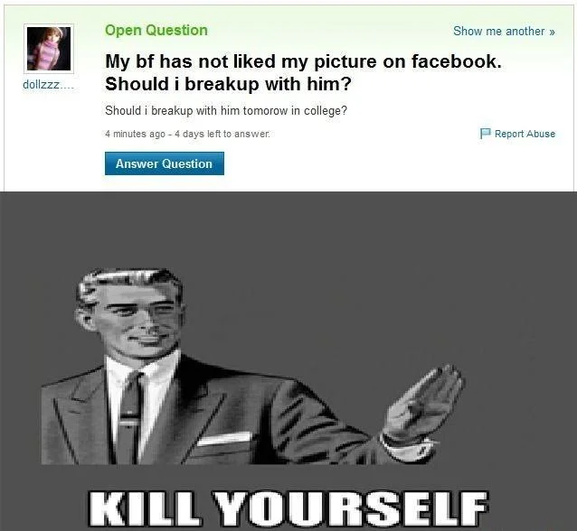 Yahoo Answers question about Facebook picture likes paired with Kill Yourself macro
