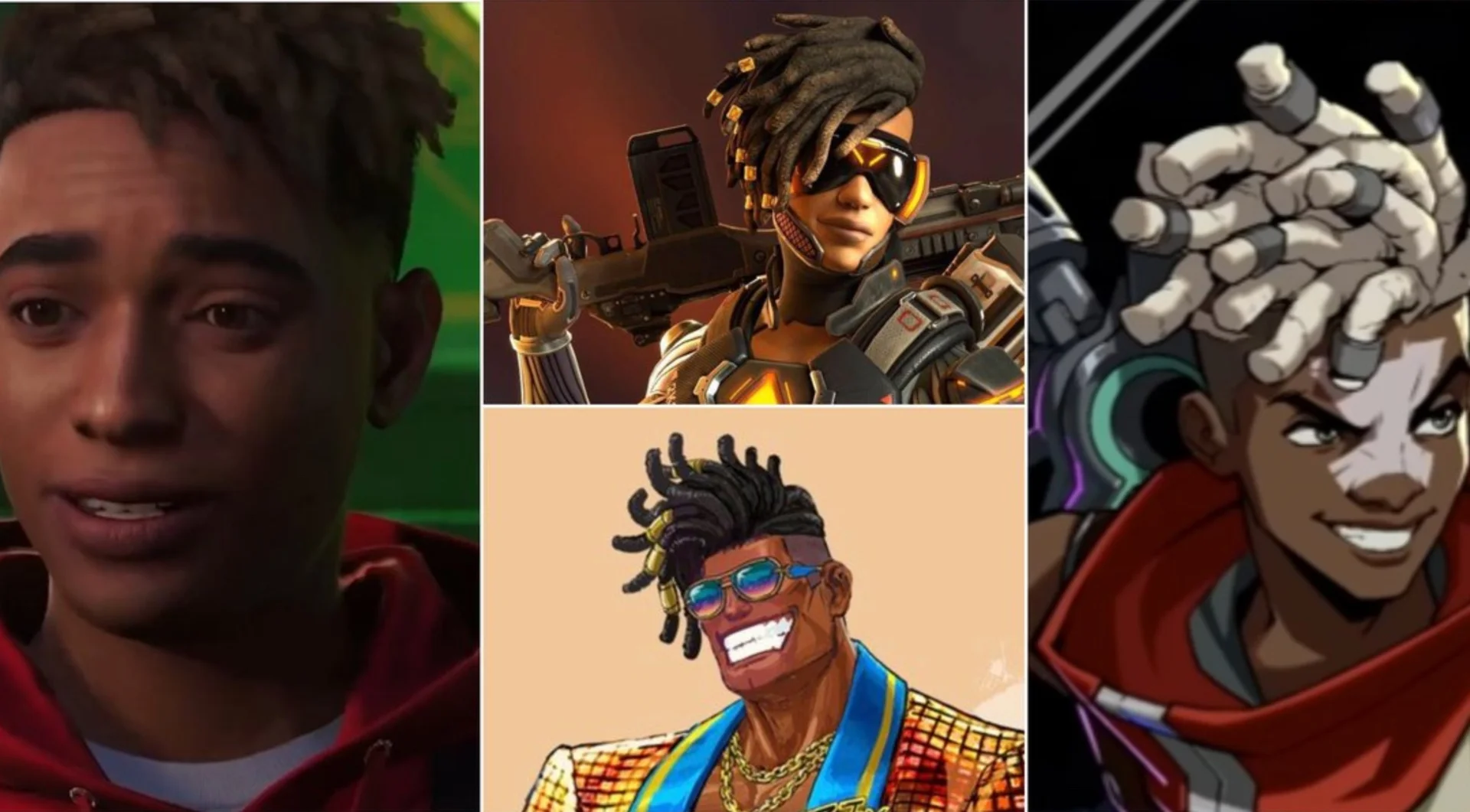 Killmonger Cut — Collage of four black male characters from games and animation all wearing the Killmonger-style high-top dreadlocks haircut