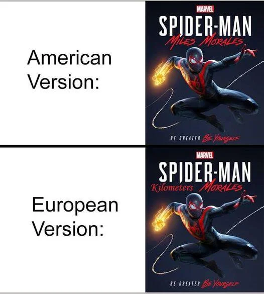 American and European versions of Spider-Man Miles Morales game cover with Kilometers Morales edit.