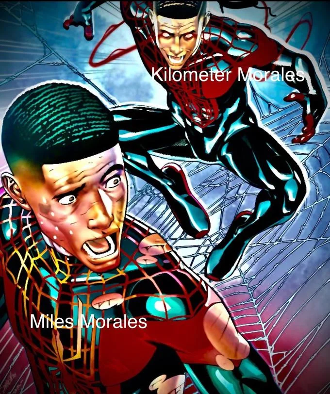 Kilometers Morales — Comic illustration of Miles Morales being pursued by an evil Kilometer Morales Spider-Man variant.
