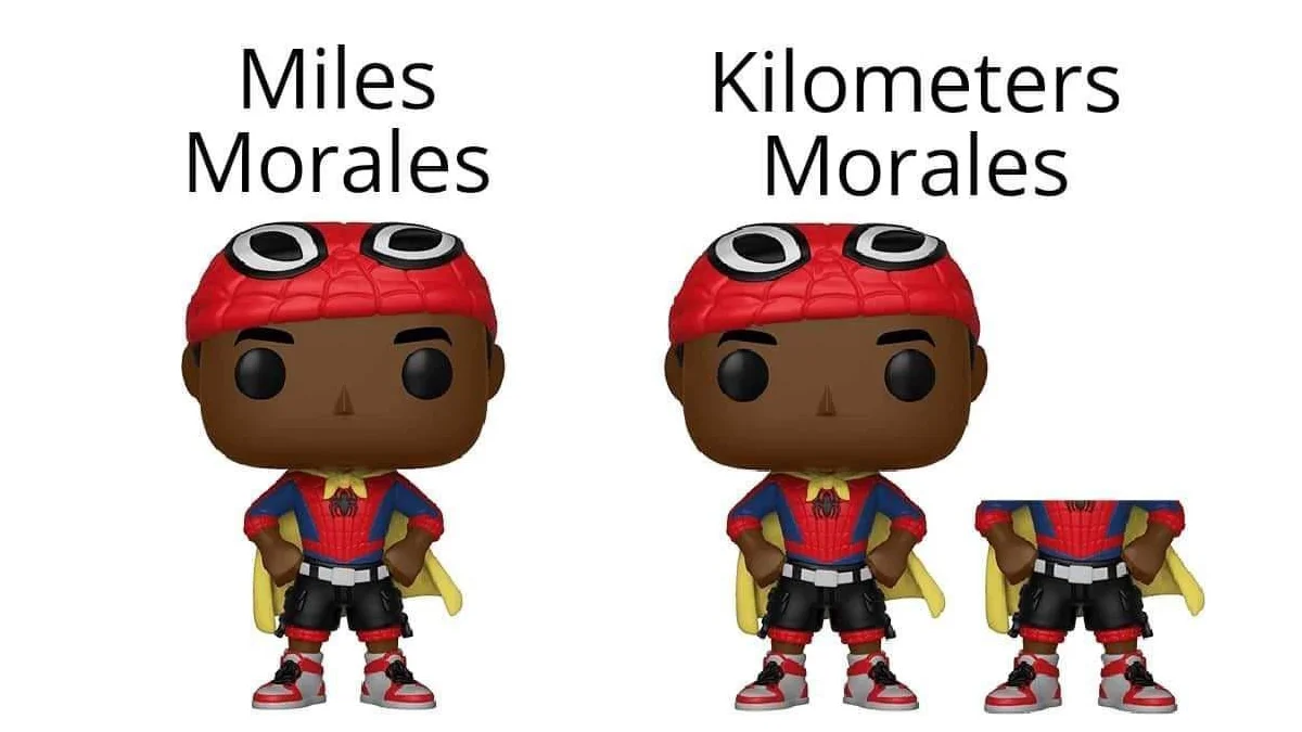 Two Miles Morales Spider-Man Funko Pop figures labeled Miles Morales and Kilometers Morales side by side.