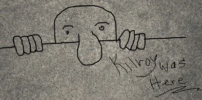 Animated scene with cartoon character near moon monument inscribed with 'Kilroy was here.'