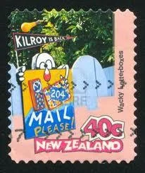 Kilroy Was Here — Colorful New Zealand postage stamp featuring stylized Kilroy character with 'Kilroy Is Here' text.