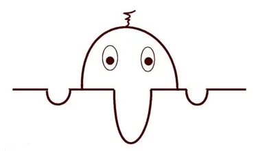 Kilroy Was Here — Pure minimalist line-art illustration of Kilroy peeking over line with hands gripping sides.