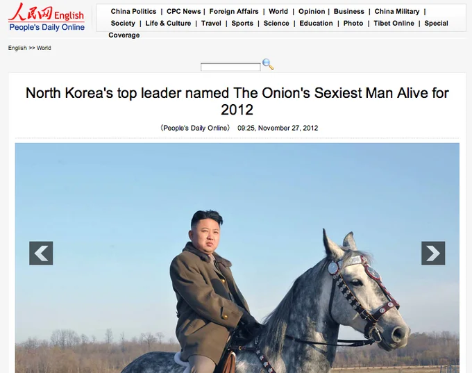 People's Daily article citing The Onion's Sexiest Man Alive award for Kim Jong-un