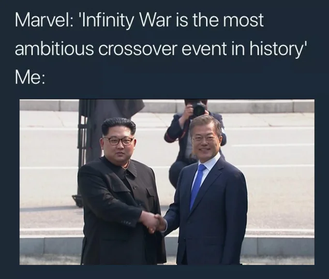 Kim Jong-un's Visit to South Korea — Meme comparing the Korean summit handshake to Marvel's Infinity War crossover