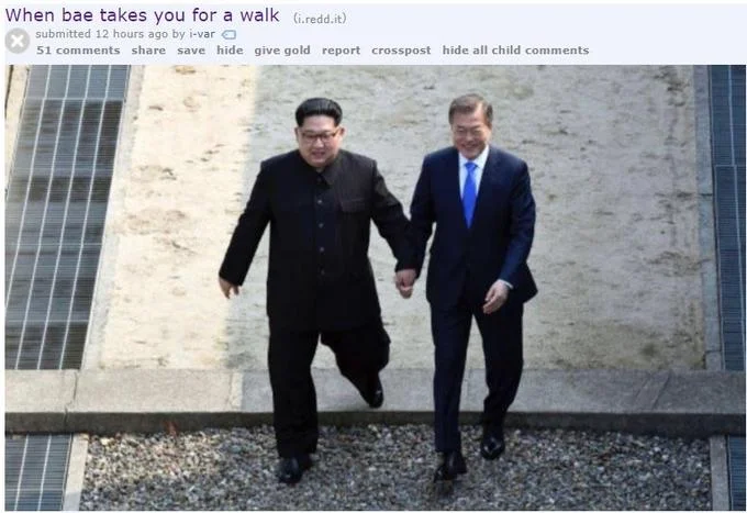 Kim Jong-un's Visit to South Korea — Reddit post captioned 'When bae takes you for a walk' with the two Korean leaders holding hands