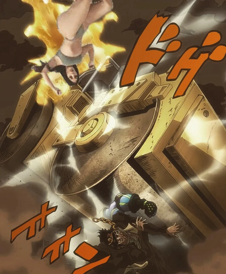 Kim Kardashian's Like Butter Tweet — JoJo's Bizarre Adventure Gold Experience Requiem panel edited with Kim Kardashian falling on it