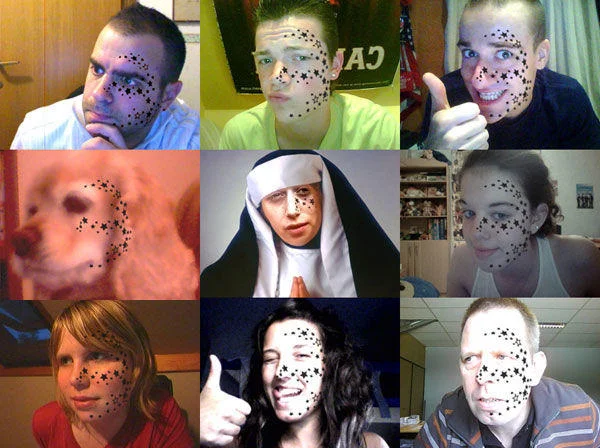 Kimberley Vlaeminck 56 Stars — Collage of nine parody photos of people with stars drawn on their faces