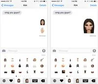 Screenshots of Kimoji mobile app interface showing Kim's face and organized emoji selection grids.