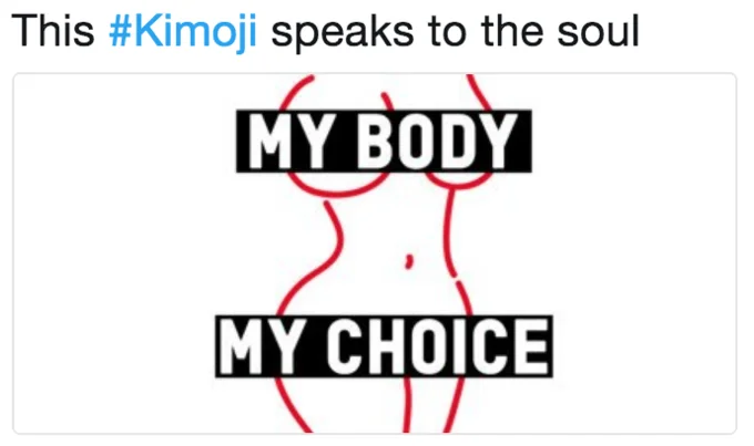 Single Kimoji design featuring 'My Body My Choice' text with red body outline illustration.