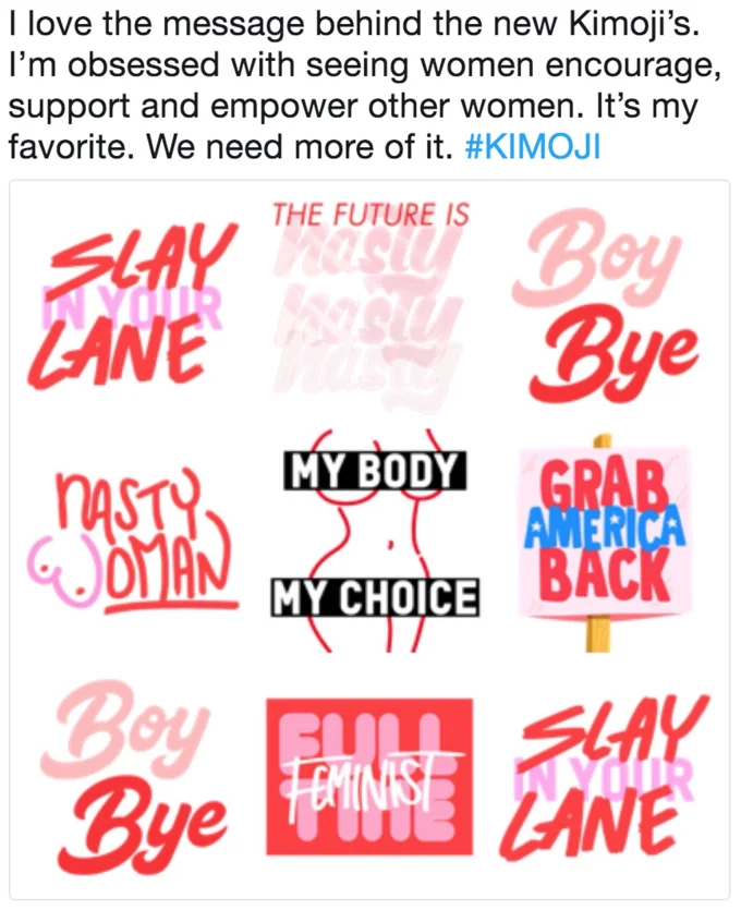 Collection of Kimoji designs with feminist messaging including Slay Gang, My Body My Choice, Nasty Woman.