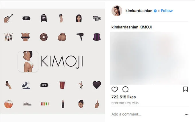 Screenshot of Kim Kardashian's December 20, 2015 Instagram post showing original Kimoji emoji collection grid with lips, eyes, and designs.