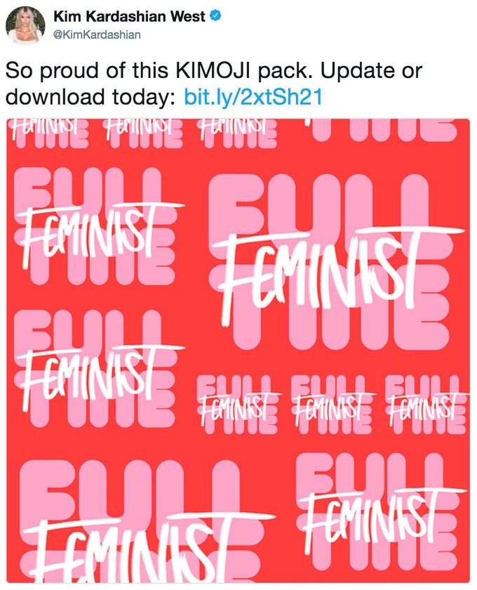 Twitter promotion featuring Kim Kardashian announcing Kimoji pack update with red promotional graphic.