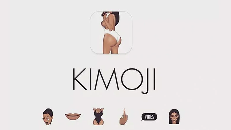 Professional promotional layout of Kimoji collection with Kim Kardashian's face and six representative emoji designs arranged symmetrically.