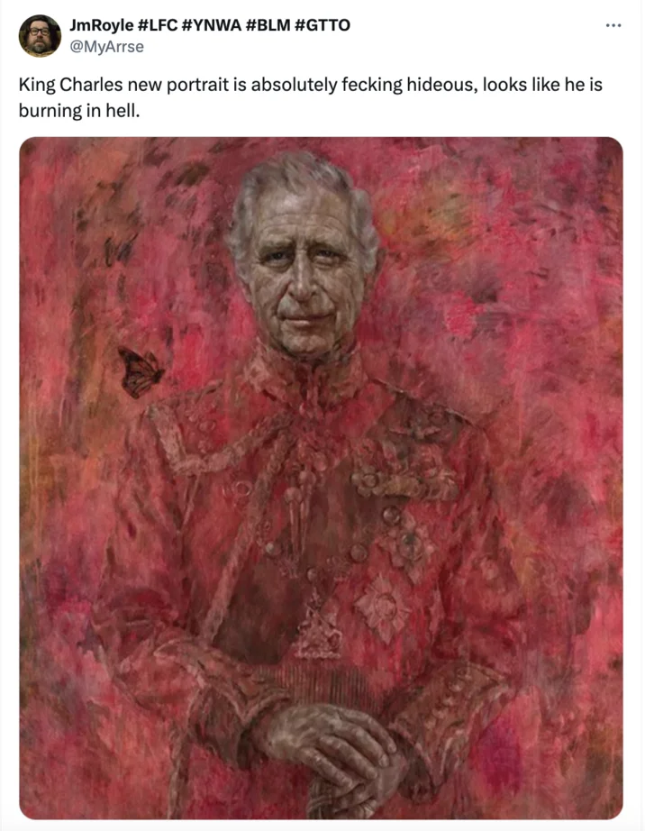 King Charles' Portrait — Tweet screenshot calling the King Charles portrait hideous and saying he looks like he is burning in hell