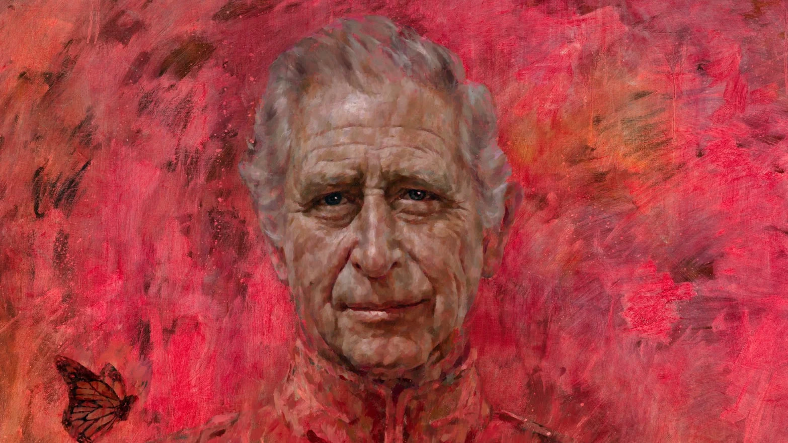 King Charles' Portrait — Close-up of Jonathan Yeo's red-hued oil portrait of King Charles III with a butterfly
