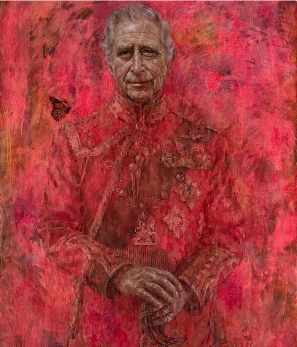 King Charles' Portrait — Jonathan Yeo's full oil portrait of King Charles III in red uniform against a red background