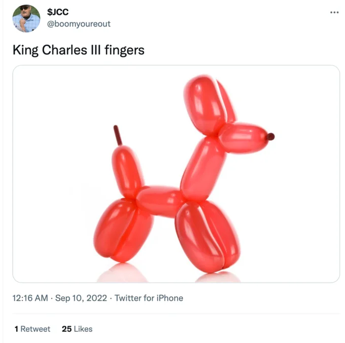 King Charles' Sausage Fingers — Tweet captioned 'King Charles III fingers' featuring a red balloon-animal dog