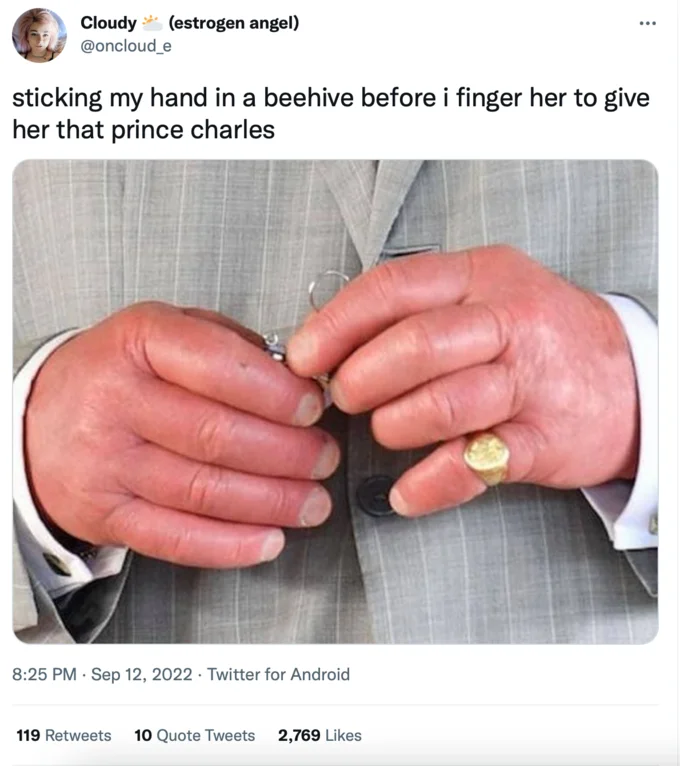 King Charles' Sausage Fingers — Tweet joking about swelling hands in a beehive to replicate Prince Charles' fingers, with image of his hands