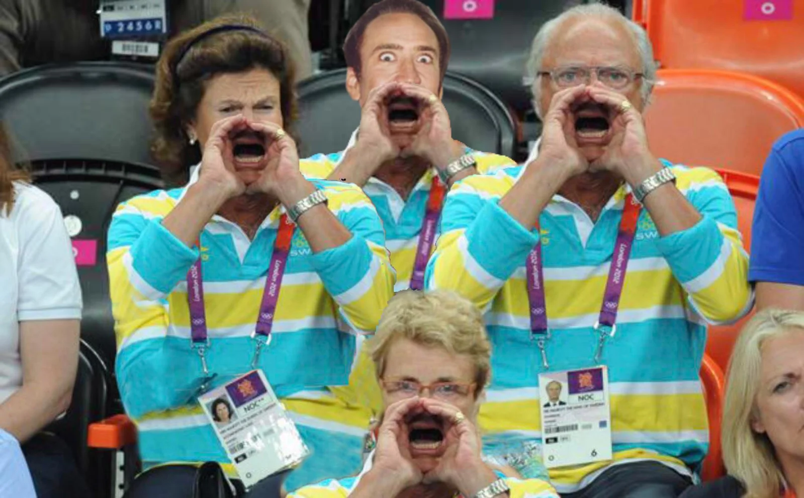 King of Sweden Yelling — King of Sweden in vibrant turquoise and yellow striped Olympic regalia at 2012 London Olympics handball match mid-yell with hand to