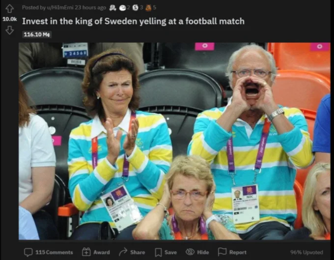 King of Sweden Yelling — Reddit post screenshot showing King of Sweden in turquoise and yellow striped regalia yelling at 2012 Olympics with calm woman nearby.