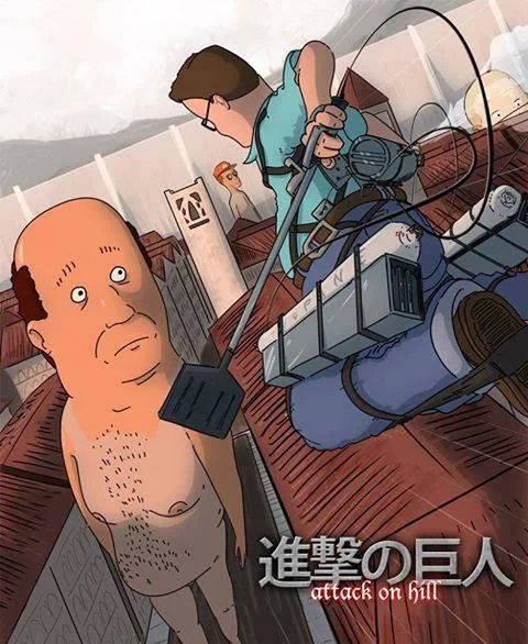 Attack on Titan and King of the Hill crossover fan art titled Attack on Hill