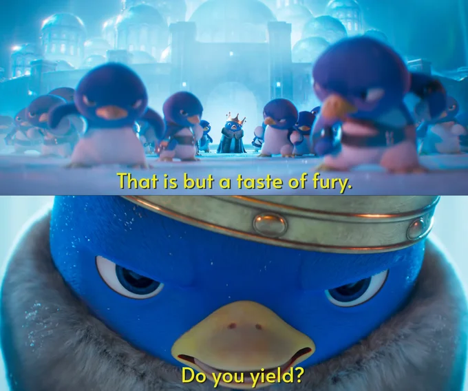 King Penguin's "Do You Yield?" — Minimalist cartoon drawing of a blue penguin with a yellow crown, with a chat bubble that reads 'Do you yield?'.