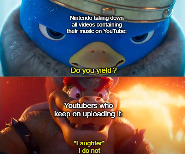 King Penguin's "Do You Yield?" — Two-panel movie still: penguin soldiers labeled 'That is but a taste of fury' above a close-up of the King Penguin asking 'Do