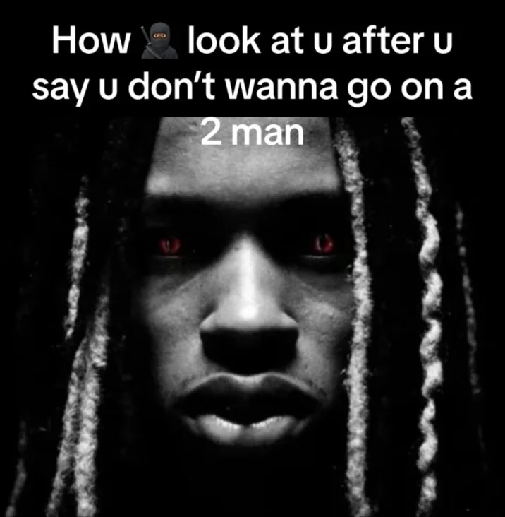 King Von Anti Piracy Screen King Von Stare — King Von stare meme with red glowing eyes and text about not wanting to go on a 2-man in a video game