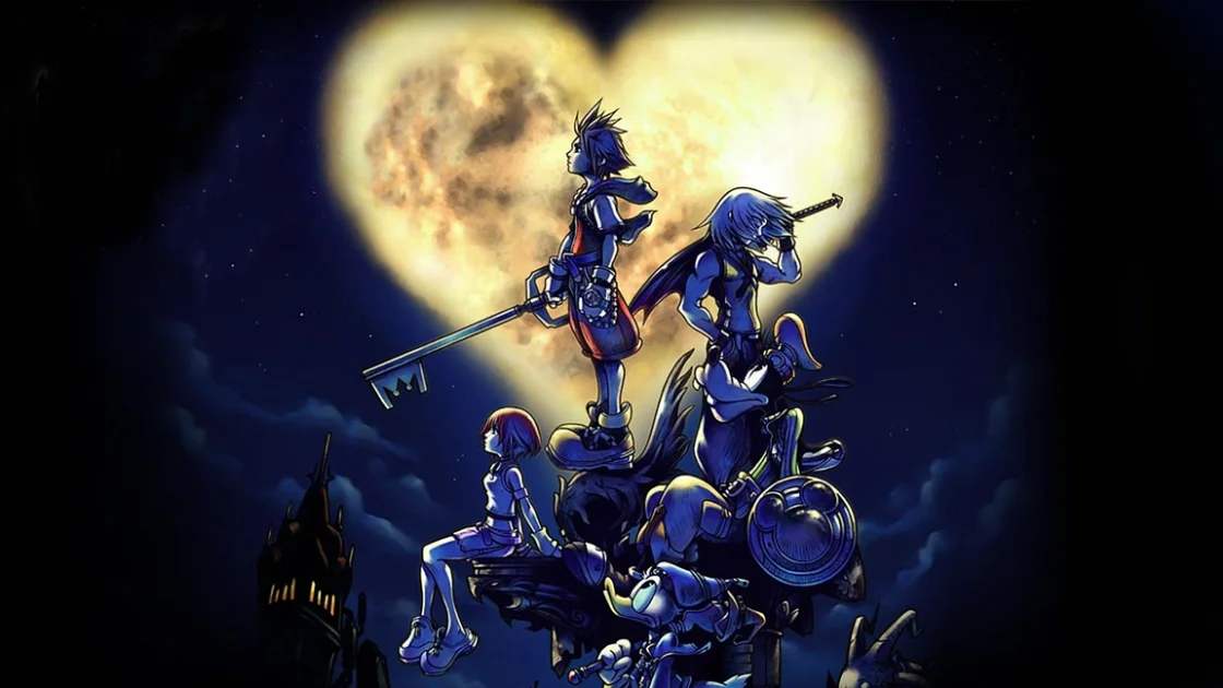 Kingdom Hearts key art with Sora, Riku, Kairi, Donald and Goofy in front of a heart-shaped moon