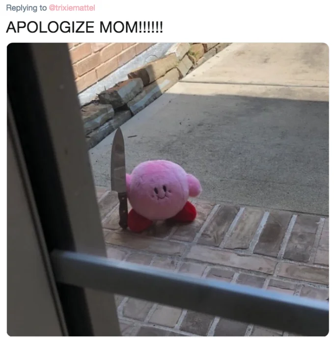 Kirby With A Knife — Screenshot of a tweet reading 'APOLOGIZE MOM!!!!!!' above the Kirby-with-a-knife photo.
