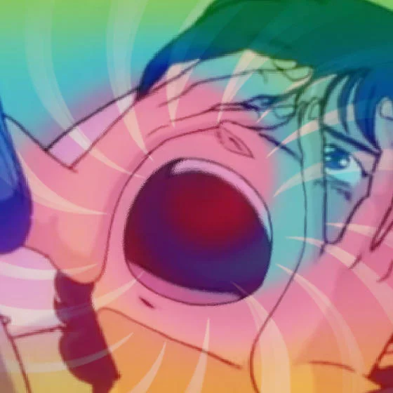Anime character screaming in Kirby inhale meme edit with pastel swirls