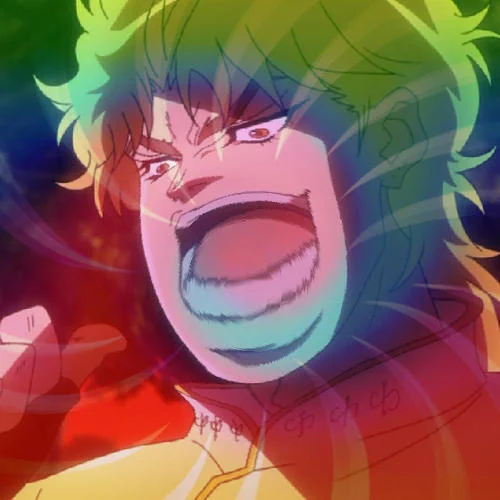 Dio Brando anime character in Kirby-style scream meme with rainbow effects