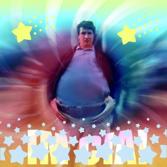 Man's face on Kirby-shaped round body with stars in meme edit