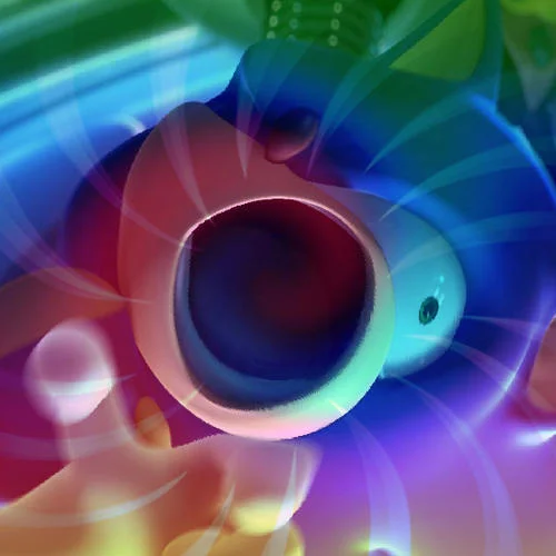 Psychedelic distorted Kirby inhaling with rainbow swirl effects