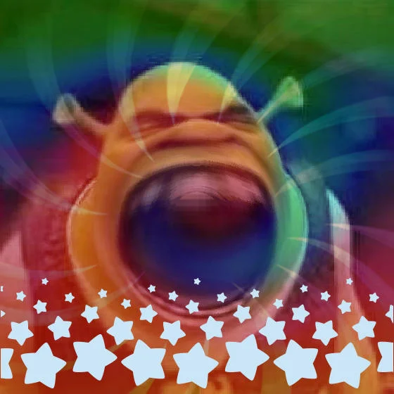 Shrek face edited into Kirby-style inhale meme with rainbow swirls and stars