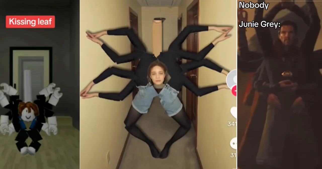 Kissing Leaf — Three-panel collage featuring a multi-armed Roblox avatar, a woman posing with many arms spread like a spider in a hallway, and a Doctor Strange
