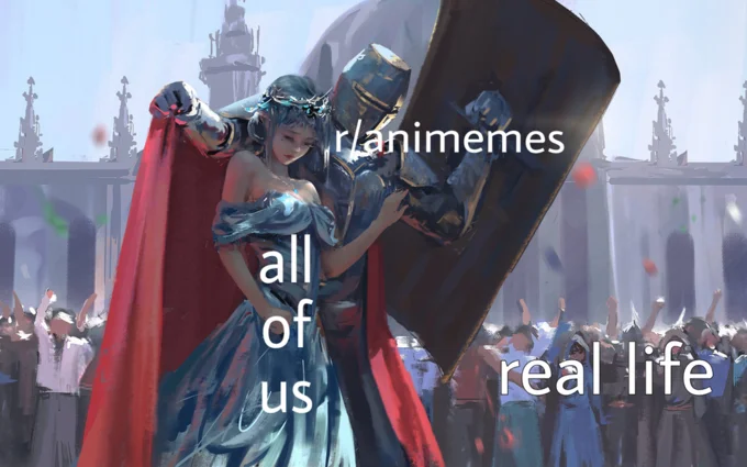 Knight Protecting Princess — Meme labeling the shield 'r/animemes', the princess 'all of us', and the crowd 'real life'.