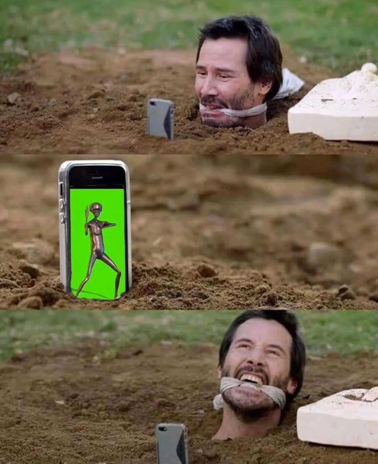 Knock Knock — Three-panel meme of Keanu Reeves buried in dirt watching a dancing alien on a phone and laughing