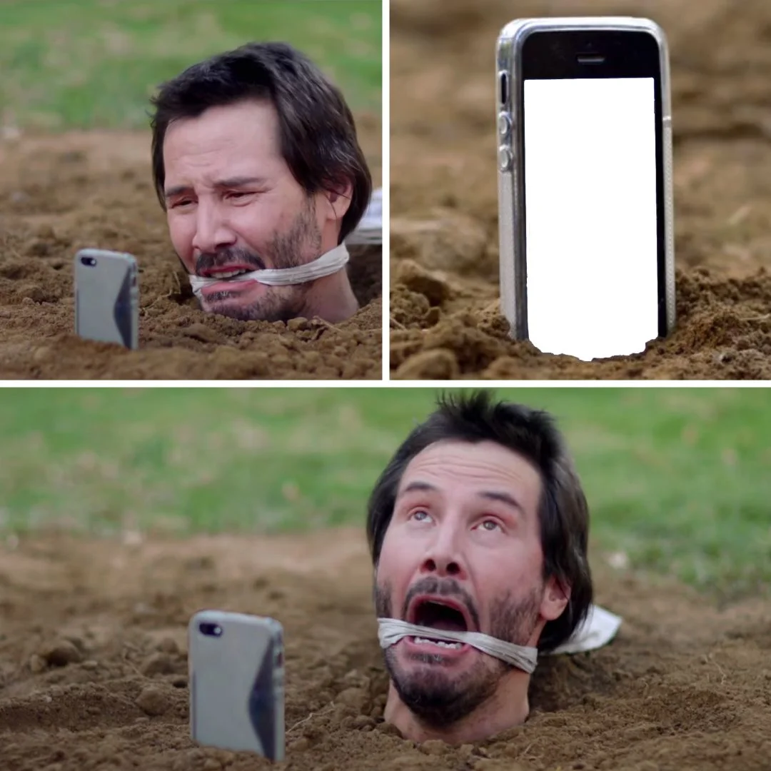 Knock Knock — Three-panel meme of Keanu Reeves' head buried in dirt with a phone beside him reacting to something on screen
