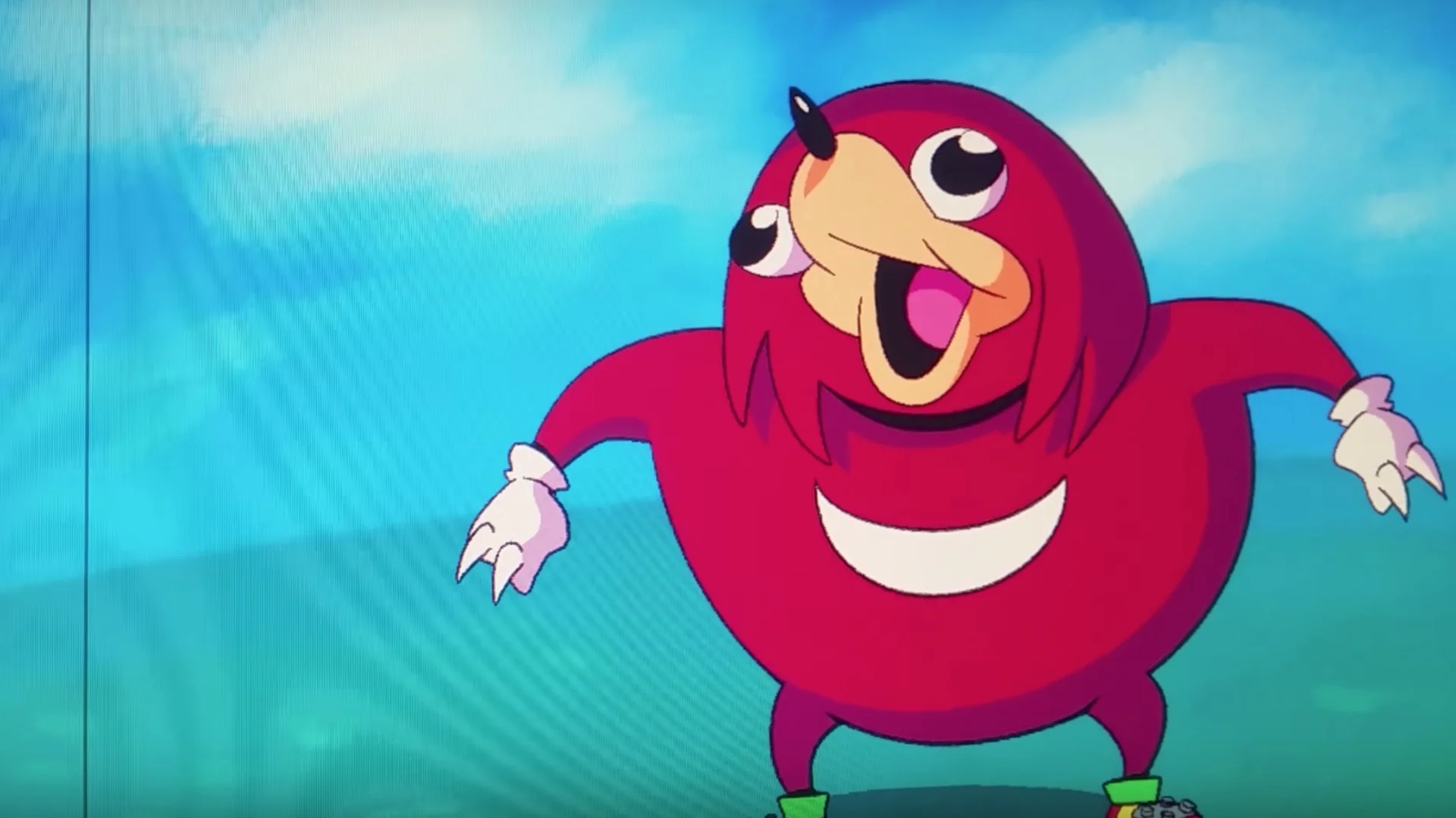 Knuckles Sings — Ugandan Knuckles cartoon character with mouth wide open singing against a blue sky