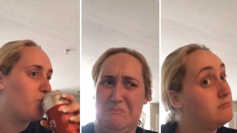 Three consecutive frames from viral video showing Kombucha Girl's reaction evolving from concerned to disgusted.