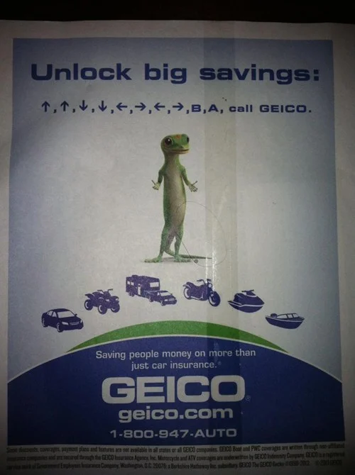 GEICO print advertisement using the Konami Code as a slogan next to the GEICO gecko
