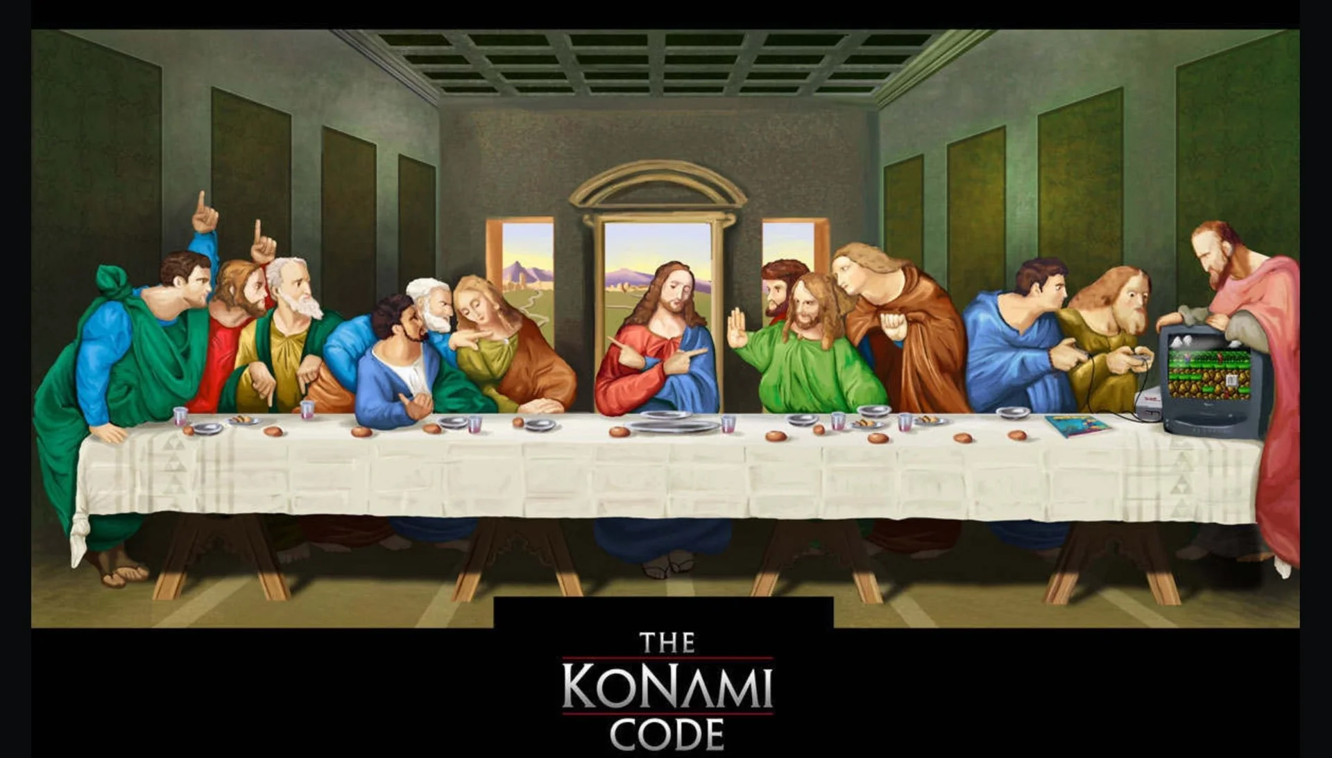 Last Supper parody titled 'The Konami Code' with an apostle playing an NES game