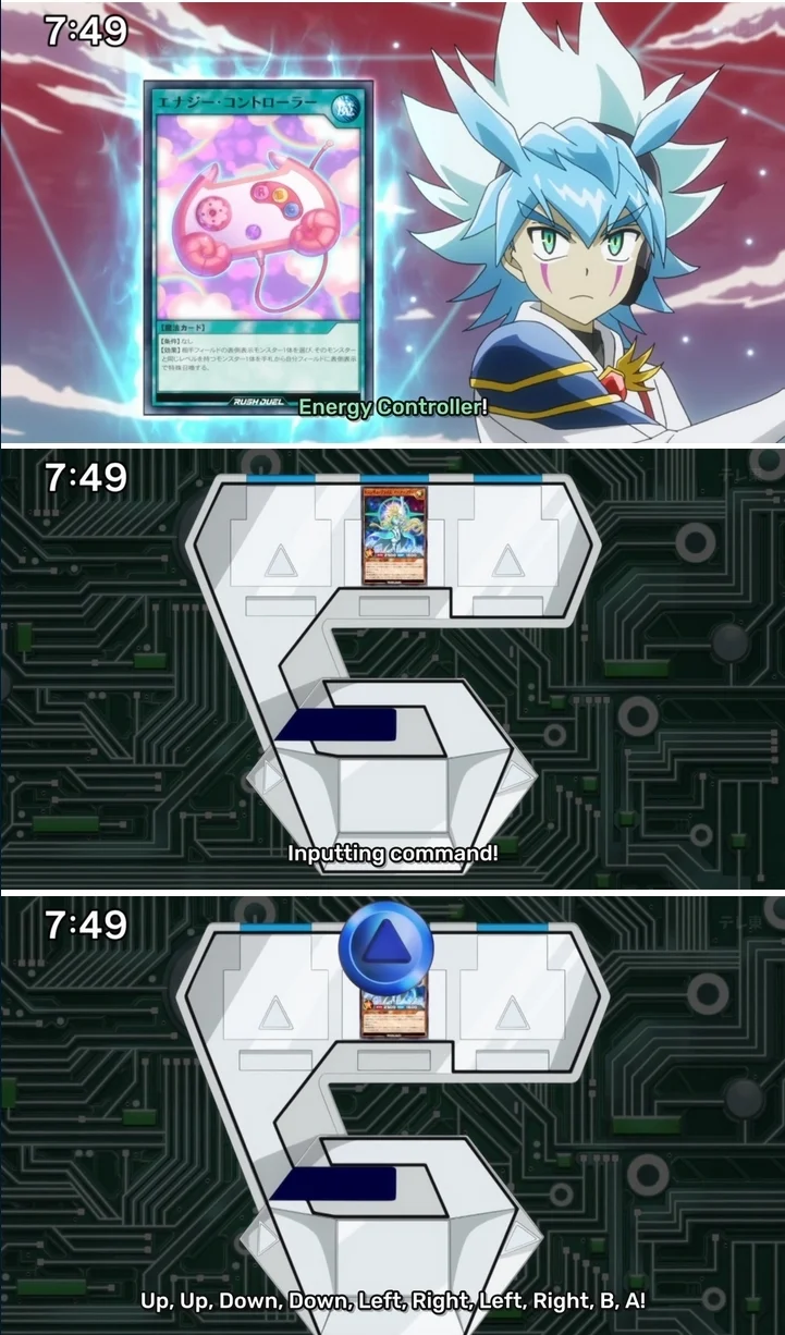 Yu-Gi-Oh anime scene invoking the Konami Code with a controller-shaped Energy Controller card