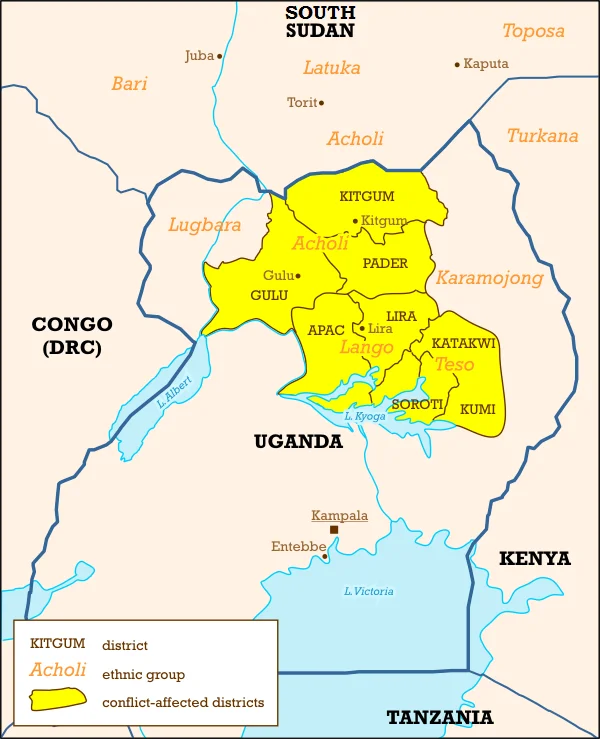 Kony 2012 — Map of Uganda showing LRA conflict-affected districts