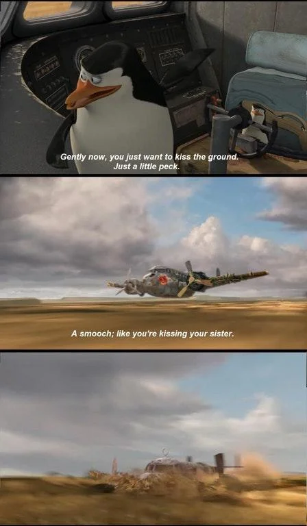Three-panel meme of Kowalski instructing a plane to land gently before it crashes